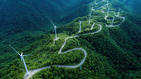 This breathtaking aerial image showcases wind turbines standing tall in a verdant mountain landscape. The winding road highlights the harmony between technology and nature, emphasizing the importance of renewable energy.の素材