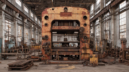 This image captures an abandoned industrial workshop filled with vintage machinery and rusted equipment, showcasing the remnants of a bygone era in manufacturing.の素材