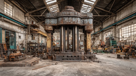 A striking view of an abandoned industrial warehouse featuring vintage machinery and scattered tools amidst a decaying environment. This captivating scene evokes a sense of history and nostalgia.の素材