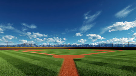 A stunning baseball field showcasing lush green grass and a clear blue sky with fluffy clouds. Distant mountains create a beautiful backdrop for outdoor sports.の素材