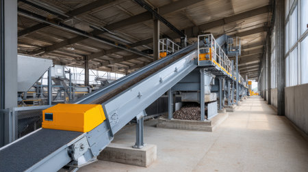 This image showcases a modern industrial conveyor system designed for efficient material handling in a bright, spacious factory environment, highlighting advanced machinery and technology.の素材