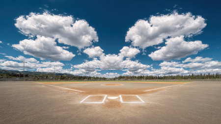 A stunning view of a baseball field set against a vibrant blue sky filled with fluffy white clouds. Lush green trees provide a serene backdrop, creating an inviting atmosphere for outdoor sports and activities.の素材
