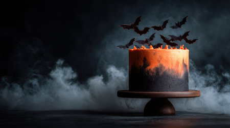 A stunning Halloween-themed cake featuring a blend of orange and black colors, decorated with flying bats and an atmospheric smoky backdrop. Perfect for seasonal celebrations.の素材