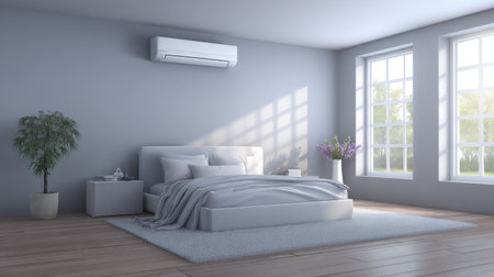 This cozy and minimalist bedroom features natural light streaming through large windows, showcasing a modern design with a soft color palette.の素材