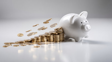 A white piggy bank surrounded by stacks of coins, visually representing the concepts of savings, financial planning, and wealth management.の素材