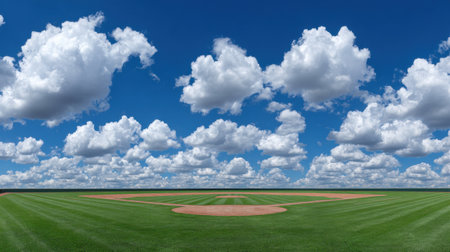 This captivating image showcases a baseball field surrounded by lush green grass under a vibrant blue sky filled with fluffy white clouds. Perfect for sports themes.の素材