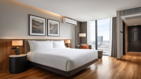 This modern hotel bedroom features a spacious design with a large window allowing natural light, creating a serene atmosphere perfect for relaxation and comfort.の素材