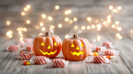 Two glowing Halloween pumpkins with cheerful faces rest among colorful candies on a wooden surface, creating a festive autumn atmosphere.の素材