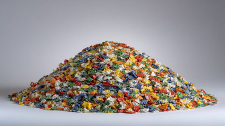 A vibrant mound of crushed packets showcases various colorful wrappers, representing waste management and recycling themes. This image emphasizes the importance of sustainability and environmental responsibility.の素材
