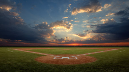 This stunning image showcases a baseball field during sunset, featuring vibrant clouds against a colorful sky. The lush green grass creates a serene atmosphere, making it perfect for sports and recreation themes.の素材