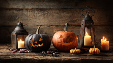 A charming display of carved Halloween pumpkins and decorative lanterns lit by soft candles creates a warm, festive atmosphere perfect for autumn celebrations.の素材