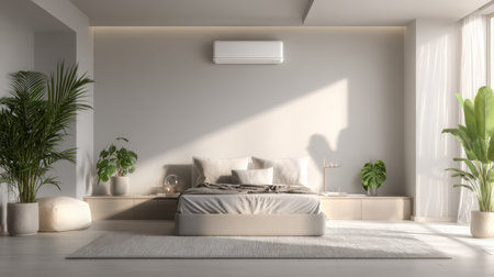A beautifully designed modern bedroom featuring minimalistic decor, ample natural light, and elegant potted plants, creating a serene and cozy atmosphere.の素材