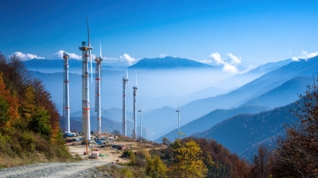 This stunning image showcases wind turbines standing tall on a mountain ridge, surrounded by beautiful natural landscapes under a clear blue sky.の素材