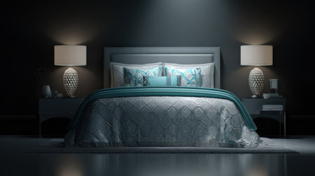 Discover a beautifully designed modern bedroom featuring soft turquoise accents and warm lighting that creates a tranquil and cozy atmosphere for relaxation.の素材