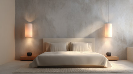 This image features a cozy minimalist bedroom designed with soft lighting and neutral tones, perfect for creating a serene living environment.の素材