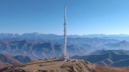 A tall communication tower rises on a mountain peak, surrounded by breathtaking mountain scenery and a clear blue sky. Ideal for showcasing technology in nature.の素材