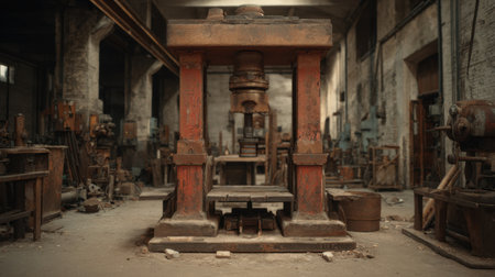This image features a vintage industrial press located in an abandoned workshop, highlighting the rich history of manufacturing and craftsmanship.の素材