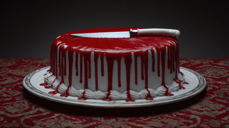 A visually striking cake featuring a vivid red glaze dripping down the sides, complemented by a sharp knife resting atop, set against a dark background.の素材