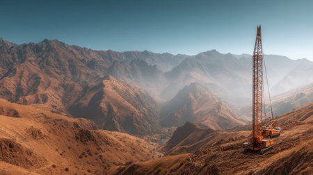 A striking image featuring a crane perched on rugged mountains, showcasing an expansive landscape with vivid colors and clear skies, perfect for projects.の素材