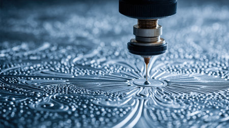 A detailed close-up image showcasing a precision nozzle dispensing liquid to form intricate patterns on a metallic surface, highlighting the artistry and technology involved.の素材