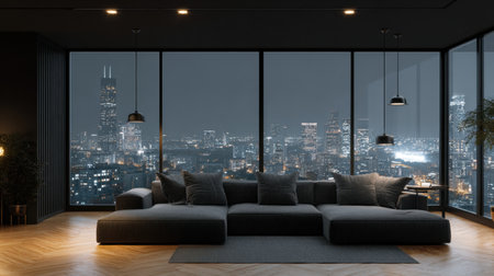 A sleek living room showcases a large, comfortable sofa against a stunning panoramic view of a city skyline at night, creating a cozy and modern atmosphere.の素材