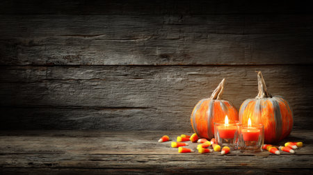 This serene autumn scene features two vibrant pumpkins, glowing candles, and colorful candy corn arranged artfully on a rustic wooden table, perfect for fall-themed decor.の素材