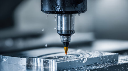 Close-up view of a CNC milling process featuring a water cooling system, showcasing precision cutting on a metallic surface in an industrial workshop.の素材