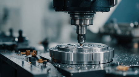 A close-up view of a milling cutter engaged in precision machining on a metal workpiece in an industrial workshop, showcasing advanced manufacturing techniques.の素材