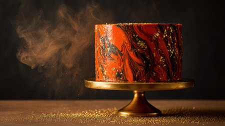 A stunning marbled cake showcasing vibrant colors and golden accents, beautifully presented on a rustic wooden table against a dark backdrop.の素材