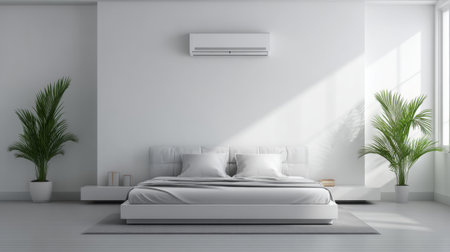 A serene modern bedroom featuring a white color palette, a spacious bed, indoor plants, and ample natural light, perfect for relaxation and tranquility.の素材