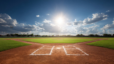 This image captures a serene baseball field under a vibrant sky, showcasing lush grass and a well-maintained dirt infield, perfect for sports enthusiasts.の素材