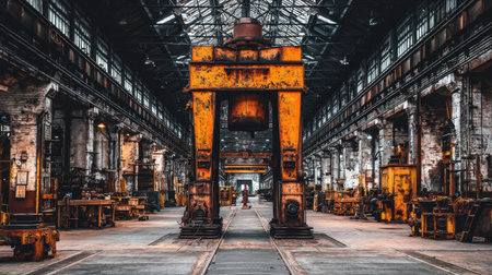 A striking view of an abandoned industrial warehouse featuring rusty machinery and exposed brick walls, enhanced by dramatic lighting and deep shadows.の素材