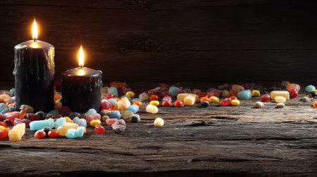 A charming arrangement featuring two burning candles amidst an array of colorful candies on a rustic wooden surface, creating a warm and inviting atmosphere perfect for relaxation or celebrations.の素材