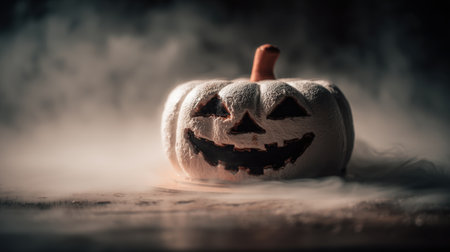 A whimsical Halloween pumpkin with a carved smiling face rests in a foggy setting, creating a spooky yet festive atmosphere perfect for autumn celebrations.の素材