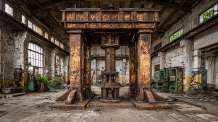 Explore a dramatic view of an abandoned industrial workshop featuring rusty machinery and weathered walls, capturing the essence of decay and history.の素材
