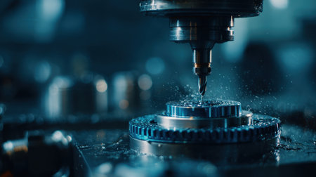 A close-up view of a CNC machine tool operating in a workshop, showcasing precision milling of a metal gear with sprays of coolant.の素材
