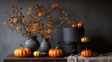 This elegant autumn still life features a beautifully decorated black cake surrounded by pumpkins and seasonal foliage, creating a warm, inviting atmosphere.の素材