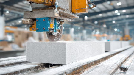 An industrial machine is precisely cutting material in a factory space, showcasing the technology of fabrication. Dust and shavings fill the air, illustrating the dynamic nature of manufacturing.の素材