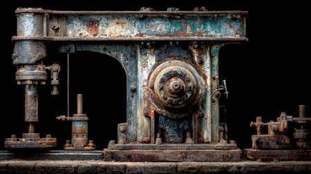 A captivating image of a vintage industrial machine showcasing its rusty metal surface and intricate mechanics. The dark background enhances its aged character.の素材