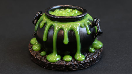 A black cauldron oozing vibrant green slime, perfect for enhancing Halloween and fantasy-themed projects or decorations. Ideal for creative storytelling.の素材