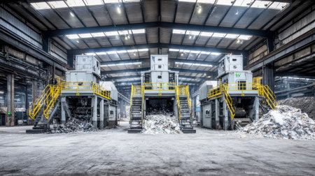 This image showcases a modern industrial waste processing facility featuring advanced machinery designed for efficient waste management.の素材