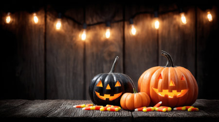 A charming Halloween scene featuring a black and orange pumpkin trio on a rustic wooden table, accented by colorful candy and warm string lights for a festive ambiance.の素材