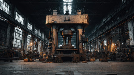 A captivating view of a large industrial workshop showcasing heavy machinery in an abandoned factory. The dramatic lighting creates an atmospheric and nostalgic feeling.の素材