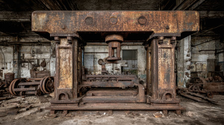 This stunning photograph showcases a large, rusted industrial machine set in an abandoned factory. The intricate details highlight the passage of time and the remnants of a once-thriving manufacturing environment.の素材