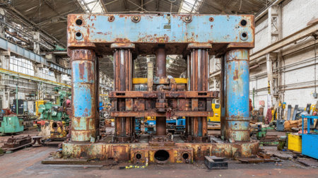 This image showcases an aged industrial machine in an abandoned factory, highlighting its rusty metal structure and heavy equipment surrounding it.の素材