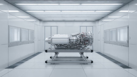 A high-tech engine is showcased in a sleek modern laboratory, emphasizing minimalism with clean lines and industrial design elements that highlight innovation.の素材