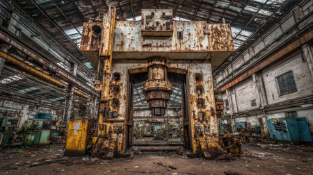 An impressive abandoned industrial machine stands in a derelict factory. Rust, decay, and overgrown vegetation create a haunting atmosphere, showcasing neglect.の素材