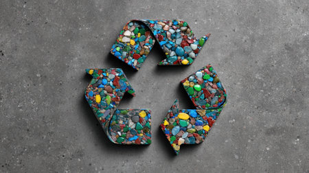 A vibrant recycle symbol constructed from multicolored plastic particles rests on a gray surface, highlighting the importance of sustainability and eco-friendliness.の素材