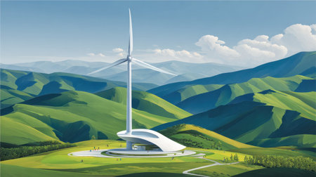 A striking wind turbine stands prominently in a vibrant green landscape surrounded by rolling hills and clear skies, symbolizing renewable energy.の素材