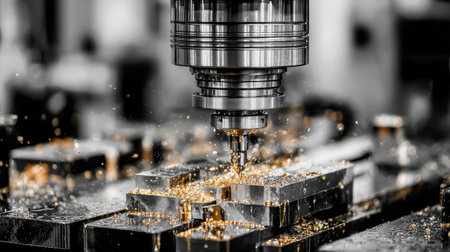 A modern CNC milling machine performs precise metal machining, creating glimmering shavings and showcasing the intricate manufacturing process in a high-tech environment.の素材